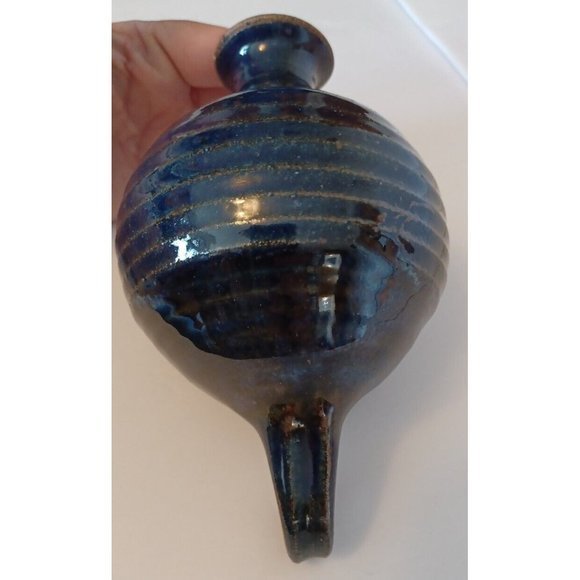 Vintage Round Ceramic Blue Glaze‎ Vase/Olive Oil Dispenser Signed J.F Handmade - Picture 5 of 8
